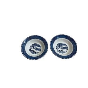 Unbranded Soup Bowls 6.5in Blue White Winter Cabin Sleigh Scene Set of 2